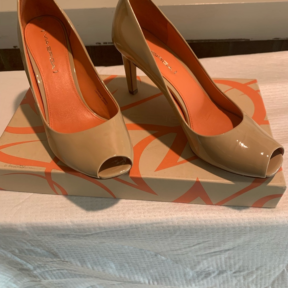 Via Spiga Patent Leather Peep Toe Heel Pumps